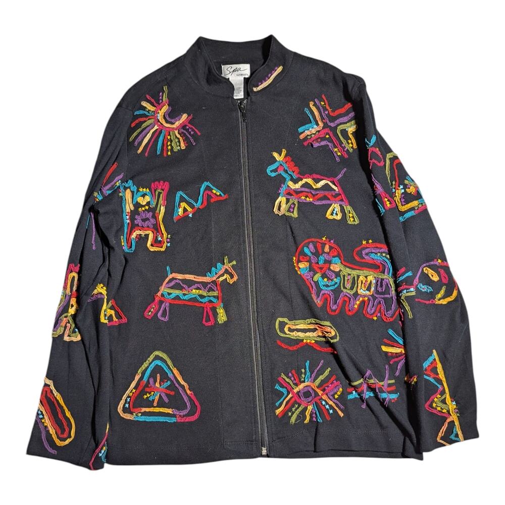 Vtg 1990s Spa By Chico's Black Neon Tribal Animal Zip Up Jersey Knit Jacket 1 S